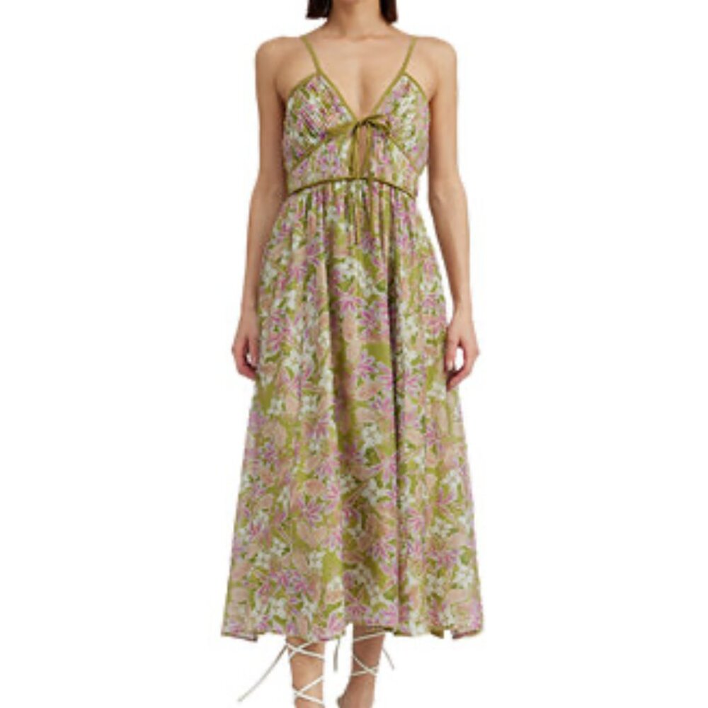 En Saison Olive Green and Pink Floral Midi Dress